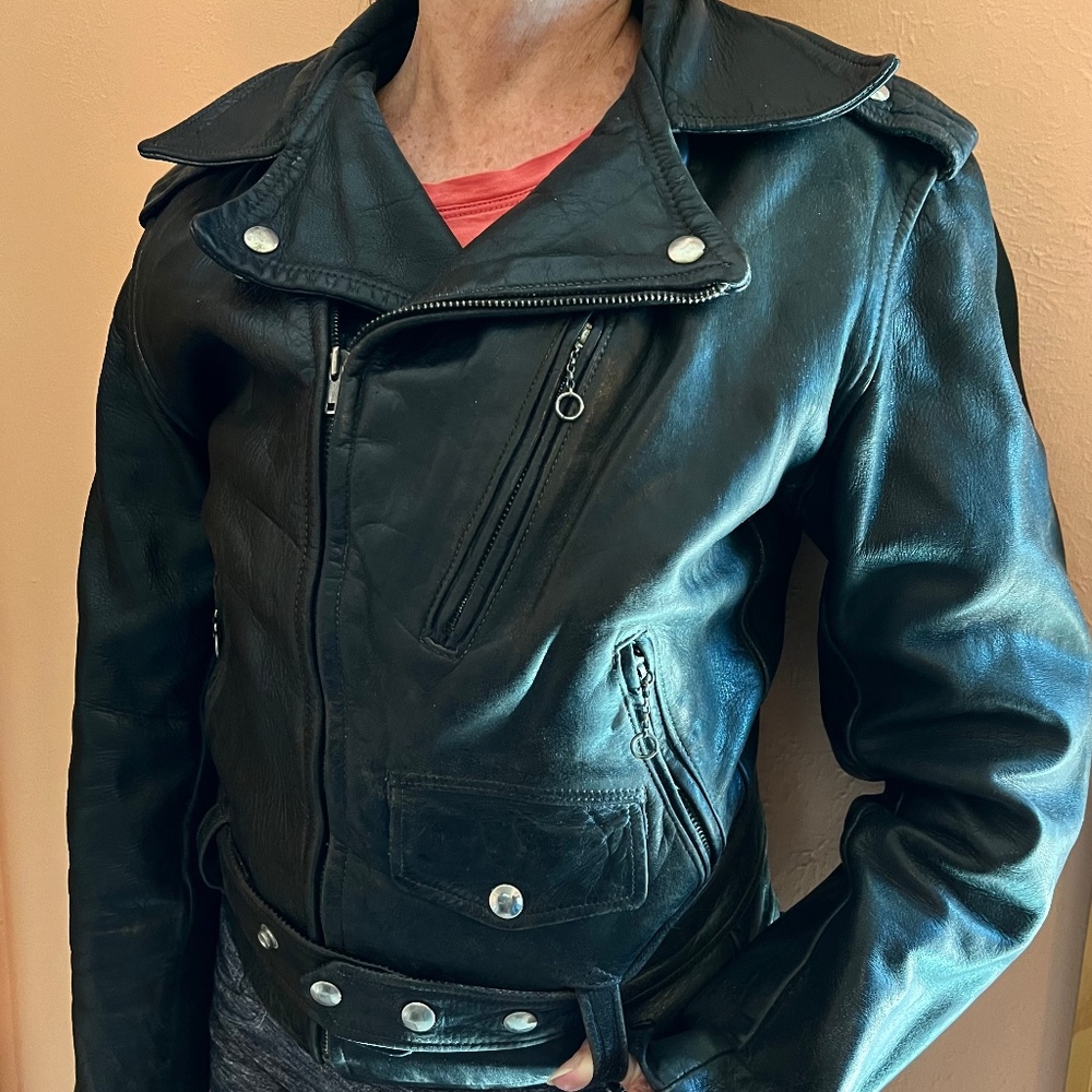 Vintage 1950s black horsehide Fidelity motorcycle jacket, small